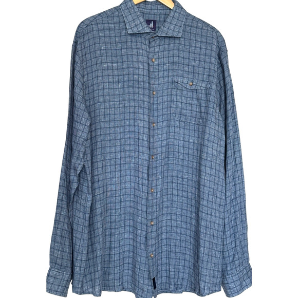 Johnnie-O Shirt Mens XXL Blue Linen Button Long Sleeve Coastal Casual 2XL Plaid - Picture 1 of 12